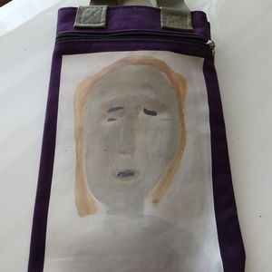 Handmade Portrait Painted Purse Canvas Cotton Leather Vintage Antique Fashion